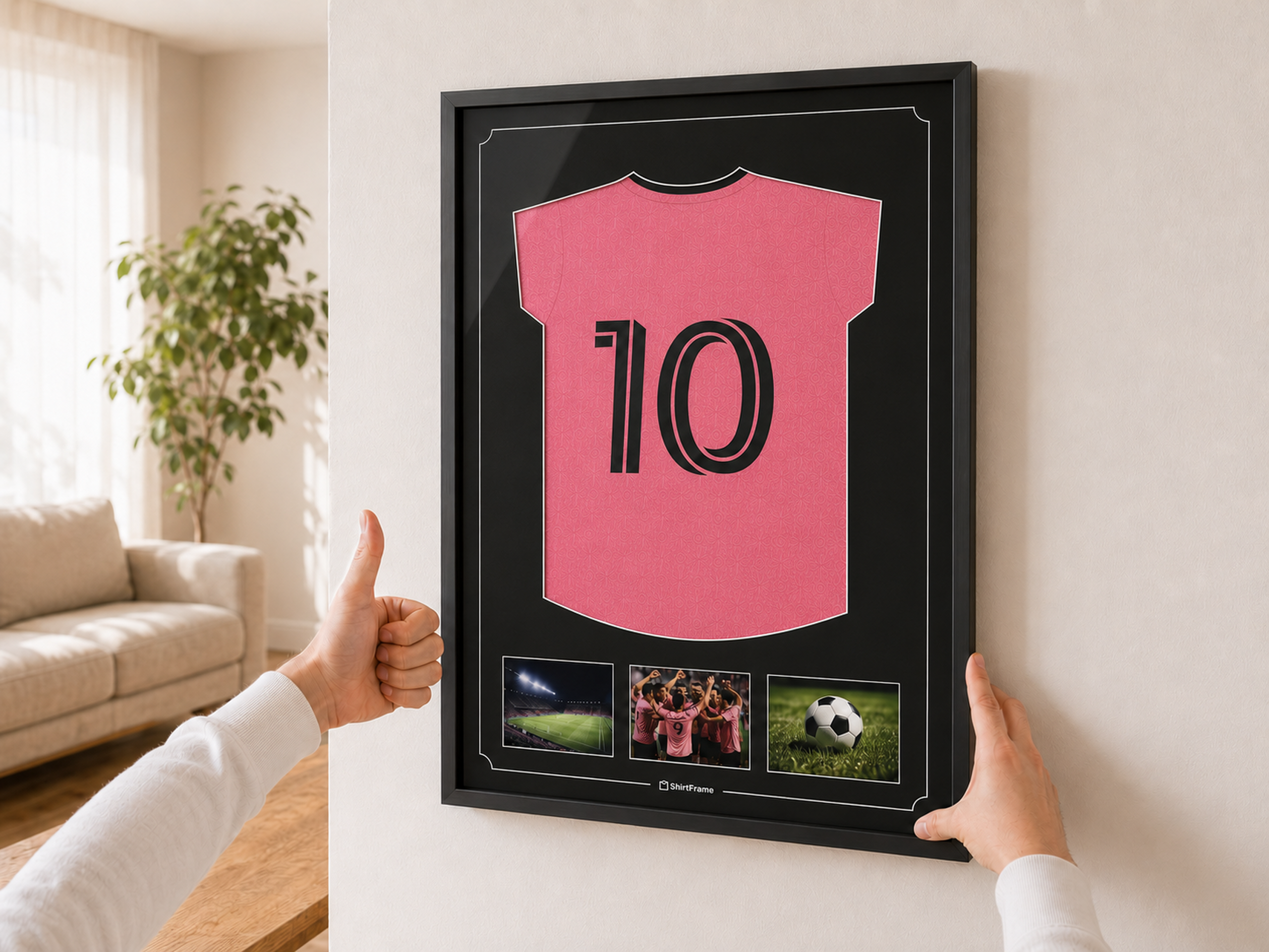 ShirtFrame con camiseta deportiva enmarcada colgada de forma limpia en la pared