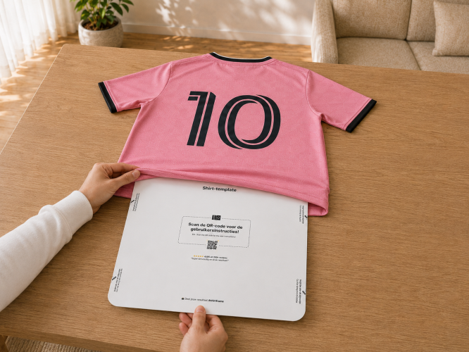 La plantilla ShirtFrame se coloca debajo de una camiseta deportiva