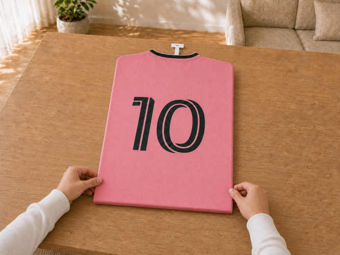 Camiseta deportiva colocada recta sobre la mesa antes de enmarcarla